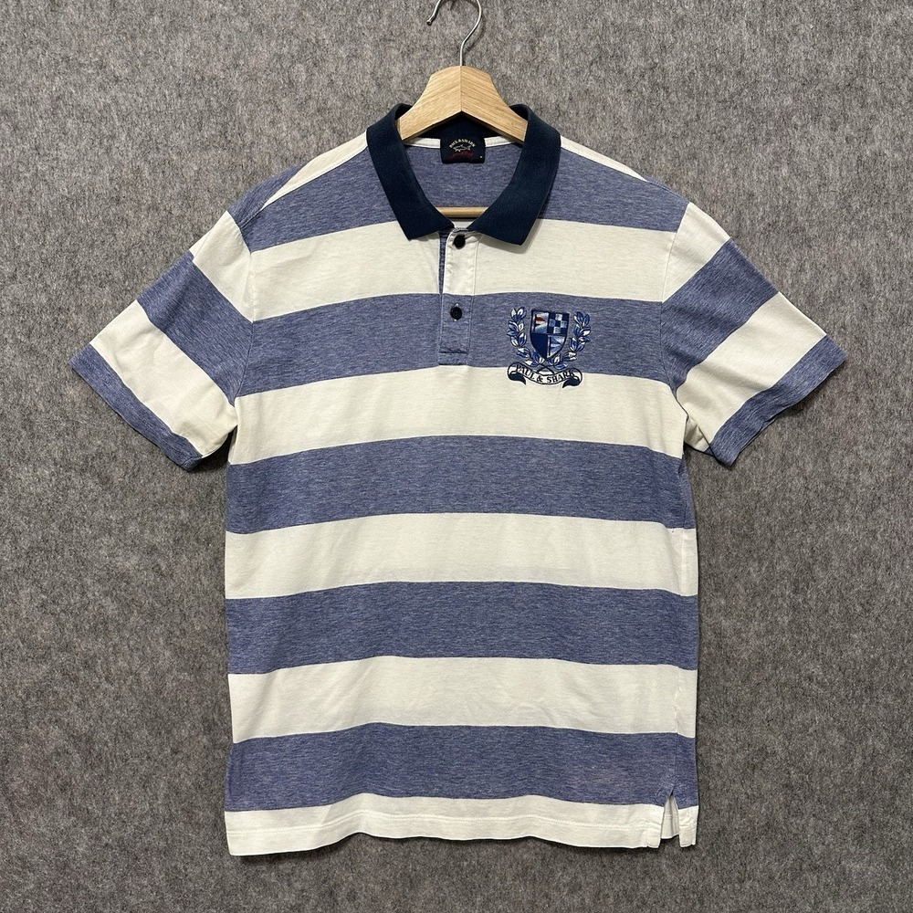 Paul & Shark Rugby Polo Shirt Blue Striped Crest Made in Italy Men's M